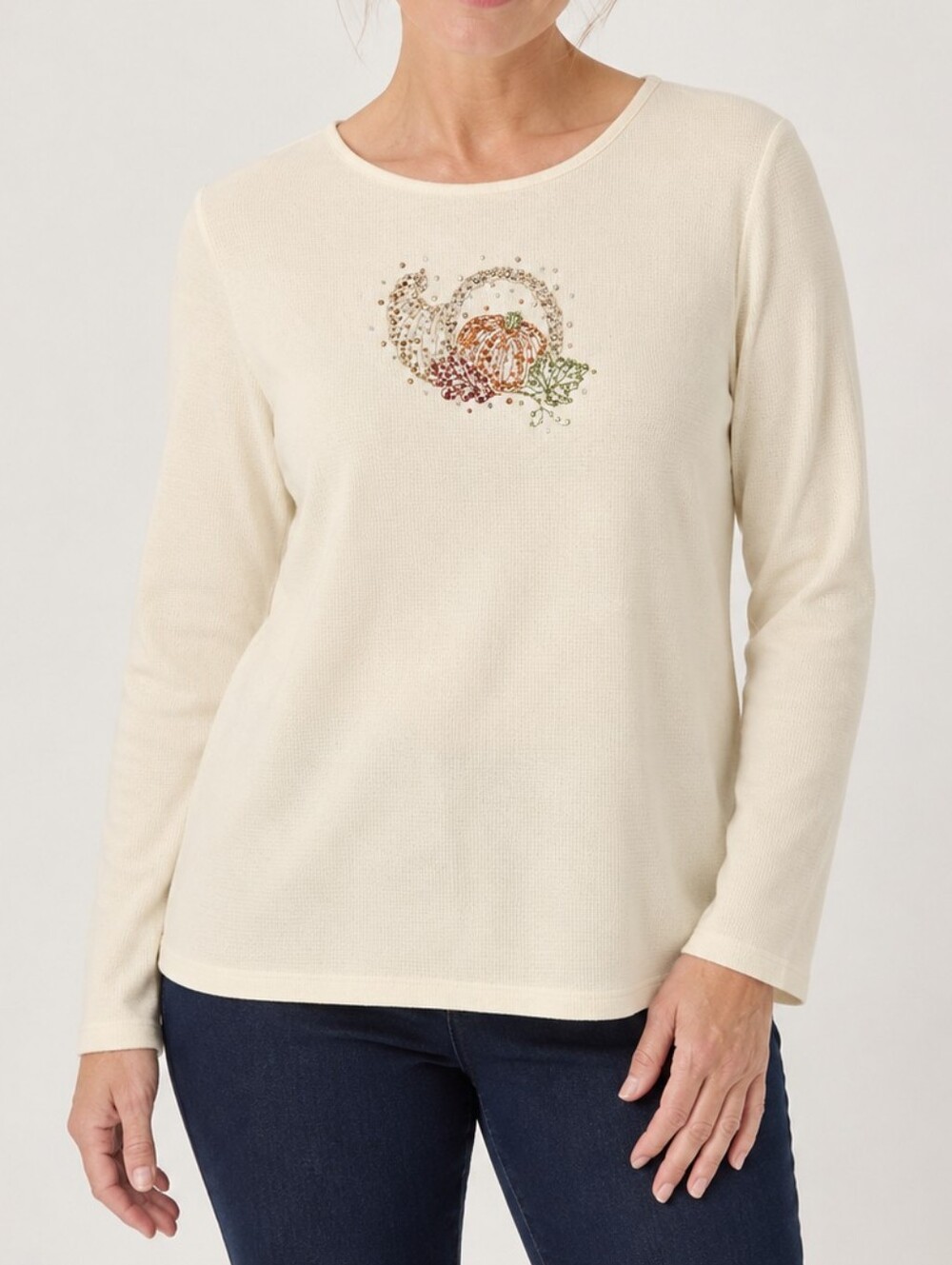 Quacker Factory Cornucopia Rhinestone Embroidered Fall Sweater Top Medium